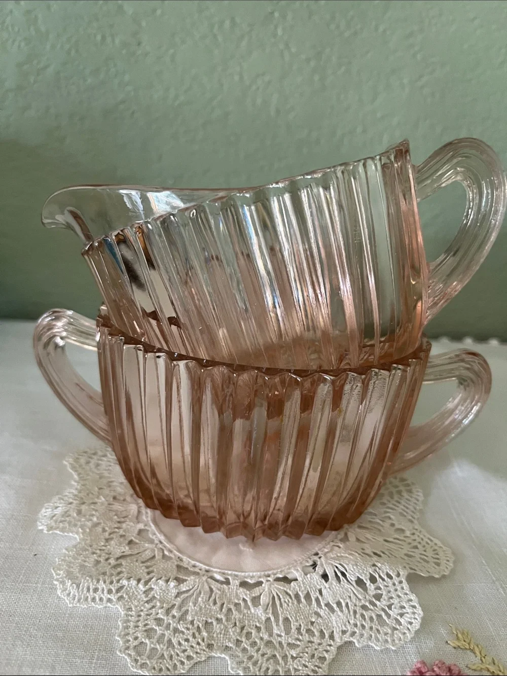 Vintage Queen Mary Pink Depression Glass Creamer & Sugar Set – 1930s